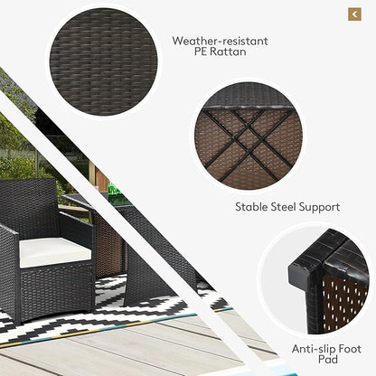 Tangkula 3 Pieces Patio Dining Set, Space-Saving PE Rattan Bistro Set with Tempered Glass Top Table and Cushioned Chairs, Outdoor Conversation Set for Garden Backyard Poolside Porch (White)