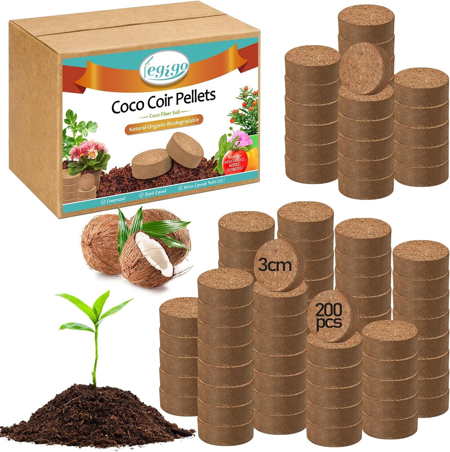 Legigo 200 Pcs 30mm Coco Coir Pellets Seed Starting Soil Mix- Compressed Coconut Coir Pellets Potting Soil Pods for Seedling, Coco Peat Soil Discs for Indoor & Outdoor Plants, Herb Vegetables Flowers