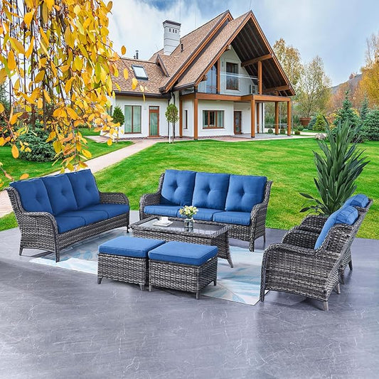Rilyson Wicker Patio Furniture Sofa Set - 7 Piece Rattan Outdoor Patio Sectional Conversation Sets with 2 Sofa,2 Armrest Chairs,1 Coffee Table and 2 Ottomans for Porch Deck Garden(Mixed Grey/Blue)