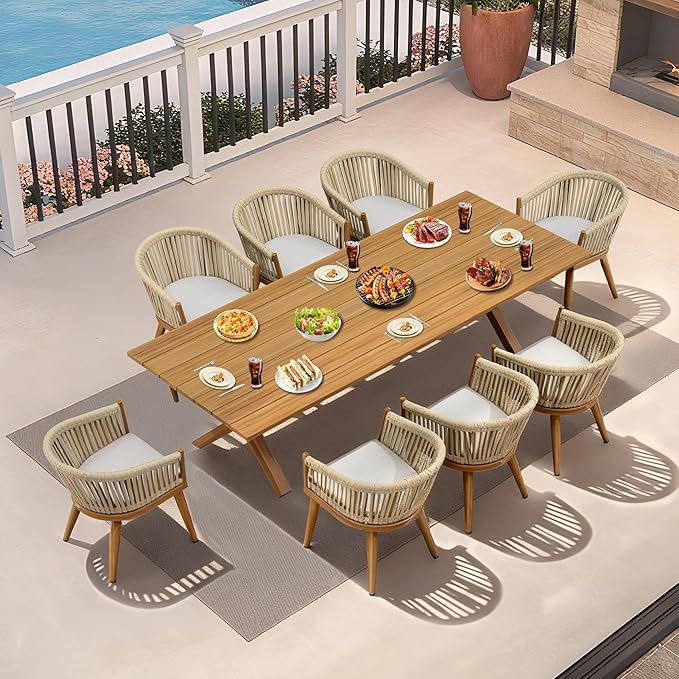 PURPLE LEAF 9 Piece Longer Outdoor Dining Set with Patio Aluminium Dining Table and Wicker Chairs Modern Furniture Cushions Sets for Backyard Indoor Decor Kitchen Teak