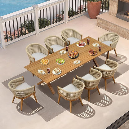PURPLE LEAF 9 Piece Longer Outdoor Dining Set with Patio Aluminium Dining Table and Wicker Chairs Modern Furniture Cushions Sets for Backyard Indoor Decor Kitchen Teak