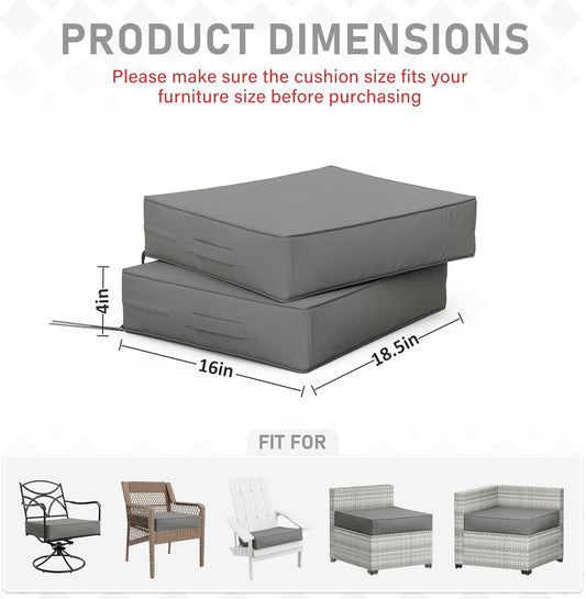 Patio Chair Cushions 18.5 X 16 X 4 Inch Waterproof Outdoor Seat Cushions for Patio Furniture, Outdoor Sofa Couch Pads with Ties & Handle, Set of 2, Light Grey
