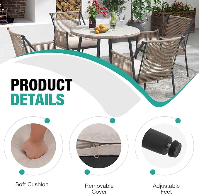 Patiorama 5-Piece Patio Dining Set, Outdoor Dining Table Chair Set, All-Weather Embossed Rattan Wicker Rope Conversation Set, Patio Furniture Set w/Umbrella Hole, 4 Cushioned Chairs&Glass Table(Beige)