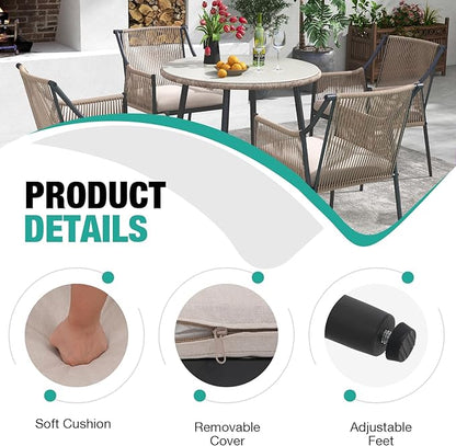 Patiorama 5-Piece Patio Dining Set, Outdoor Dining Table Chair Set, All-Weather Embossed Rattan Wicker Rope Conversation Set, Patio Furniture Set w/Umbrella Hole, 4 Cushioned Chairs&Glass Table(Beige)