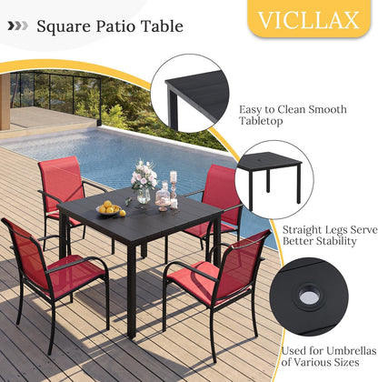 VICLLAX 40.2" Square Patio Dining Table for 4, Outdoor Table with Umbrella Hole, All Weather Metal Patio Table, Black Tabletop