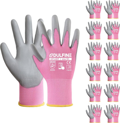 DULFINE Work Gloves for Men PU Coated 12 Pairs Bulk Pack,Pink Seamless Knit Glove with thin Polyurethane,Two Finger Touchscreen, for Men and Women, Ideal for Light Duty Work. (Extra Large)