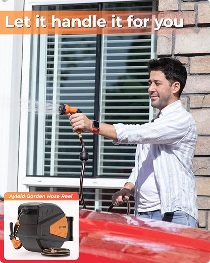 Ayleid Retractable Garden Hose Reel,1/2 in x 65 ft Wall Mounted Hose Reel, with 9- Function Sprayer Nozzle, Any Length Lock/Slow Return System/Wall Mounted/180°Swivel Bracket (Black)