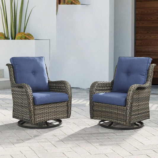 Outdoor Patio Swivel Rocker Chairs - Wicker Rattan Patio Swivel Rocking Chairs Set of 2 with High Back,Deep Seating and Comfort Cushions for Deck Porch Garden,Mixed Grey/Blue