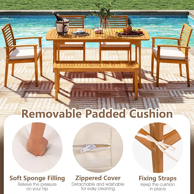 Tangkula 7 Piece Patio Acacia Wood Dining Set for 6, Patio Rectangle Table with Umbrella Hole & 6 Cushioned Armchairs, for Backyard Garden Poolside Deck, Natural