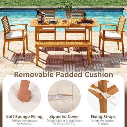 Tangkula 6 Pieces Outdoor Acacia Wood Dining Set, Rectangle Patio Dining Table with Umbrella Hole and 4 Cushioned Chairs and Bench, for Backyard Garden Poolside Deck
