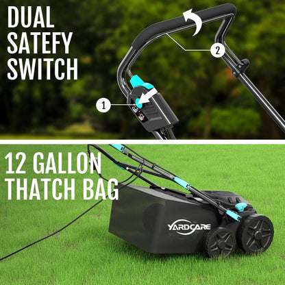 16‑Inch 15Amp 2‑in‑1 Electric Dethatcher & Scarifier with 5‑Position Depth Adjustment, 12 Gallon Removable Grass Collection Bag, Foldable Design, Lawn Thatcher for Yard Lawn Garden Care