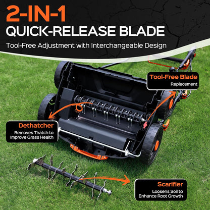 16-Inch 15.5 Amp 2-in-1 Electric Dethatcher and Scarifier with 14.5-Gallon Removable Thatch Collection Bag, Lawn Dethatcher with 5-Position Adjustment, Quick-Fold, Keeps Lawn Healthy - Orange