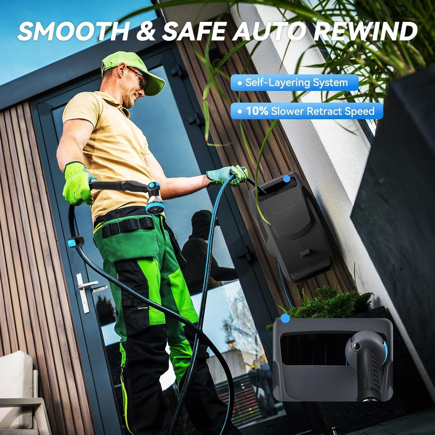 Retractable Garden Hose Reel 100 ft x 5/8 in, Heavy Duty Hose Reel Wall Mount with Any Length Lock, Auto Rewind System, 180° Swivel Bracket, 10-Pattern Garden Hose Nozzle, Dark Grey