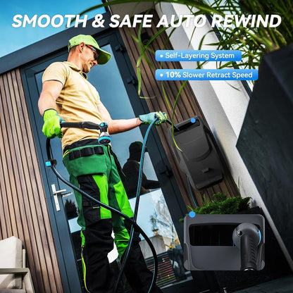 Retractable Garden Hose Reel 100 ft x 5/8 in, Heavy Duty Hose Reel Wall Mount with Any Length Lock, Auto Rewind System, 180° Swivel Bracket, 10-Pattern Garden Hose Nozzle, Dark Grey