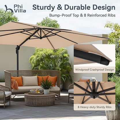 PHI VILLA 9'x12' Outdoor Patio Deck Umbrella with Base. 360° Rotation & 6-Level Tilt with Easy Crank Handle. Rectangle Offset Cantilever Umbrella Heavy Duty for Garden Poolside Backyard (Beige)