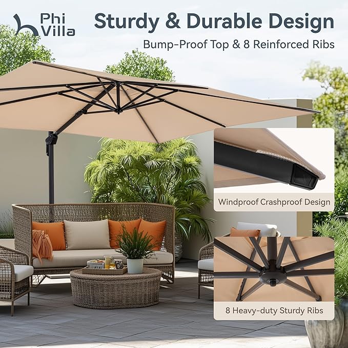 PHI VILLA 9'x 12' Patio Umbrella with Easy-Using Handle, 360° Rotation & 6-Level Tilt , Cantilever Aluminum Rectangle Outdoor Offset Umbrella for Deck, Pool, Garden Windproof & Crashproof (Beige, No Base)