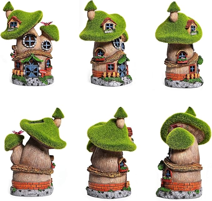 ASAWASA Flocked Mushroom Fairy Garden House with Solar Light,Funny Statue Sculptures for Garden Decor,Exquisite Cottage Figurines for Patio Lawn Yard Gift Decoration
