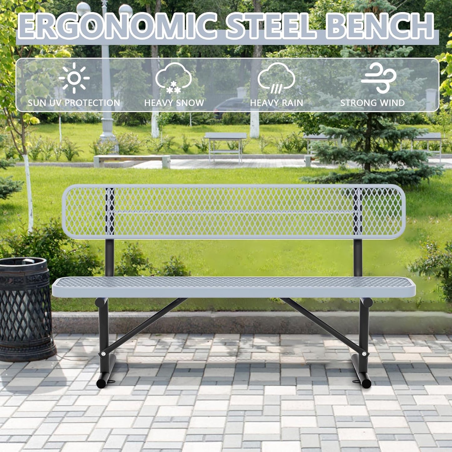 Heavy Duty Park Bench with Back Portable Frame, Outdoor Steel Bench with Backrest, Outdoor Park Bench Expanded Metal Mesh Bench for Lawn, Park, Deck, Garden, Patio, Porch, Black (Gray, 6FT)