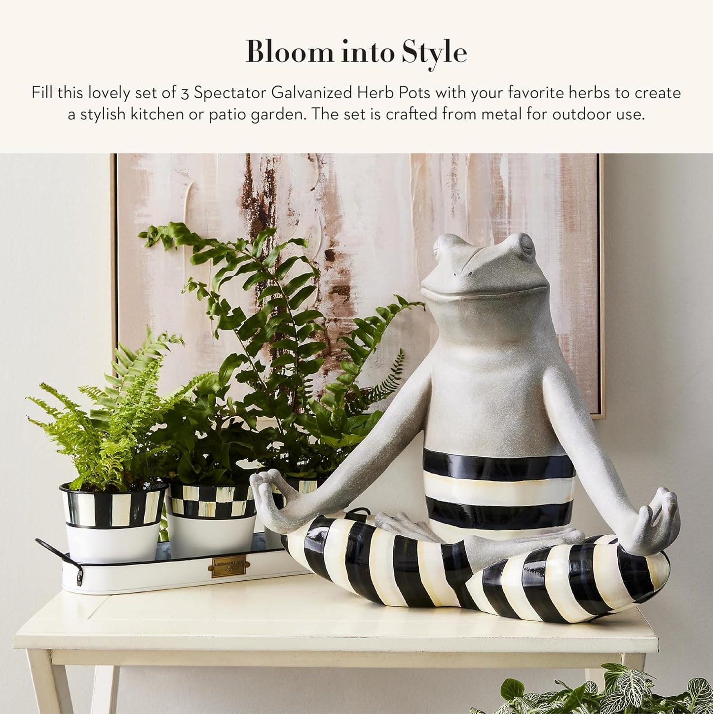 MACKENZIE-CHILDS Galvanized Herb Pots with Tray, Metal Herb Planters, Set of 3, Spectator