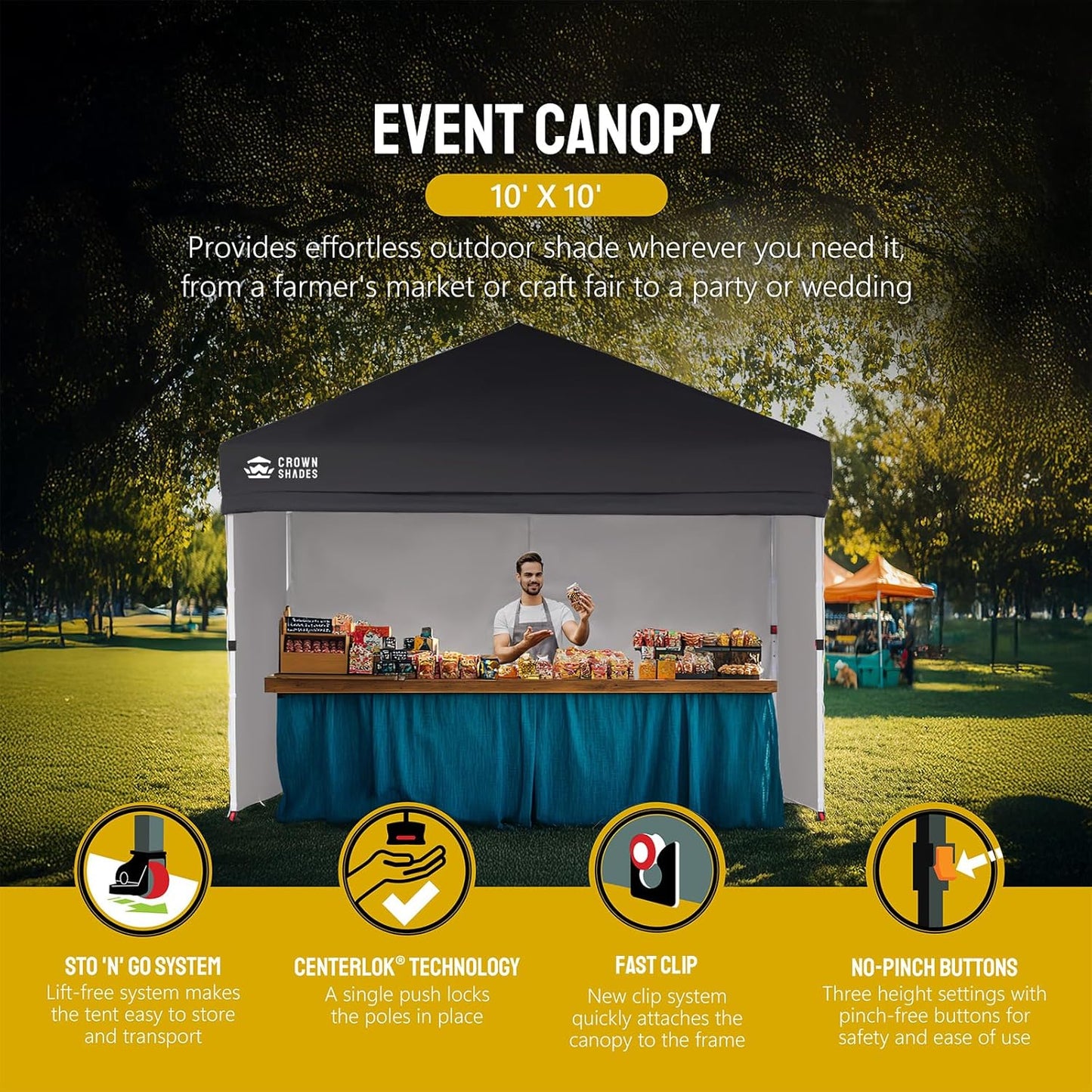 CROWN SHADES 10X10 Comercial Instant Canopy Pop Up Tent with Center Lock (10x10 with 4 Sidewalls, Black)