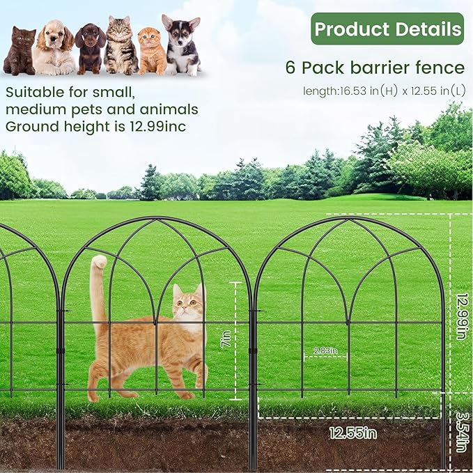 Small 12.55"*16.53" Decorative Garden Fencing Border, No Dig Fences Barrier, Black Metal Fence, Garden Edging Fence Panel, Dog Fence Outdoor for Yard, Flower Bed (6 Pcs)