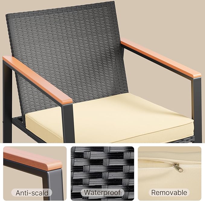 Gizoon 3 Pieces Rocking Patio Bistro Set with Anti-Scald Armrest, Outdoor Patio Wicker Furniture Set with Glass Table and Cushion for Garden, Yard, Porch