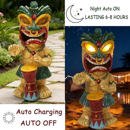 Solar Tiki Garden Statue with LED Eyes Outdoor Polynesian Drummer Hawaiian Party Decor Solar Light Ornament for Patio Porch Lawn Tiki Bar or Tiki Lover Funny Stocking Stuffers Gifts