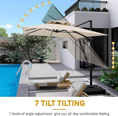 10x13 FT Cantilever Patio Umbrella with Base Included Double Top Outdoor Rectangular Large Heavy Duty Aluminum Offset Umbrellas with 7 Level Tilt 360-degree Rotation for Pool Garden Deck, Beige