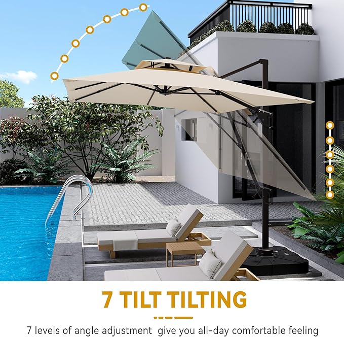10x13 FT Cantilever Patio Umbrella Double Top Outdoor Rectangular Large Heavy Duty Aluminum Offset Umbrellas with 7 Level Tilt 360-degree Rotation for Pool Garden Deck, Beige