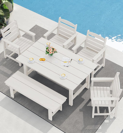 SERWALL HDPE Outdoor Dining Table for 6, 67" Rectangle Patio Dining Table with Umbrella Hole, White