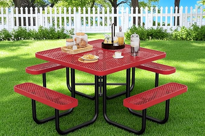46" Square Picnic Table for Outside,Heavy Duty Metal Picnic Table Bench Set with 2in Umbrella Hole, 1600 lb Capacity,Commercial Dining Table Furniture for Garden Yard Patio Party Coffee Shop