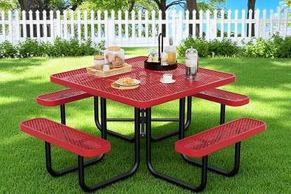 46" Square Picnic Table for Outside,Heavy Duty Metal Picnic Table Bench Set with 2in Umbrella Hole, 1600 lb Capacity,Commercial Dining Table Furniture for Garden Yard Patio Party Coffee Shop