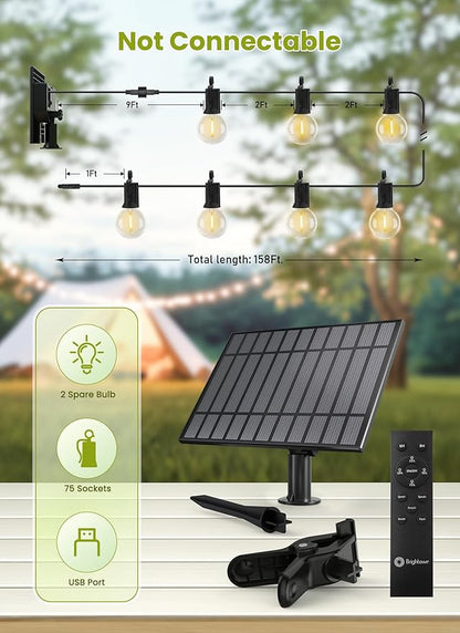 Brightown 158FT Solar String Lights Outdoor Waterproof with Remote, Solar Patio Lights with 75 Shatterproof LED Bulbs, 3 Light Mode, Dimmable & Timer, Hanging String Lights for Porch Garden Bistro