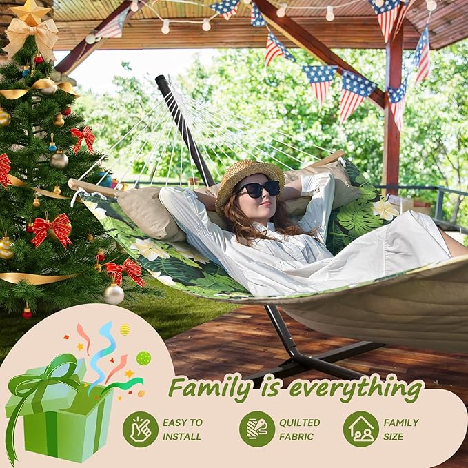 Double Hammock, 11 FT Quilted Fabric 2 Person Hammock for Outside with Pillow, Folding Curved Spreader Bar, Chains, Carrying Bag, Indoor Outdoor, 450 IB Capacity, GreenLeaves