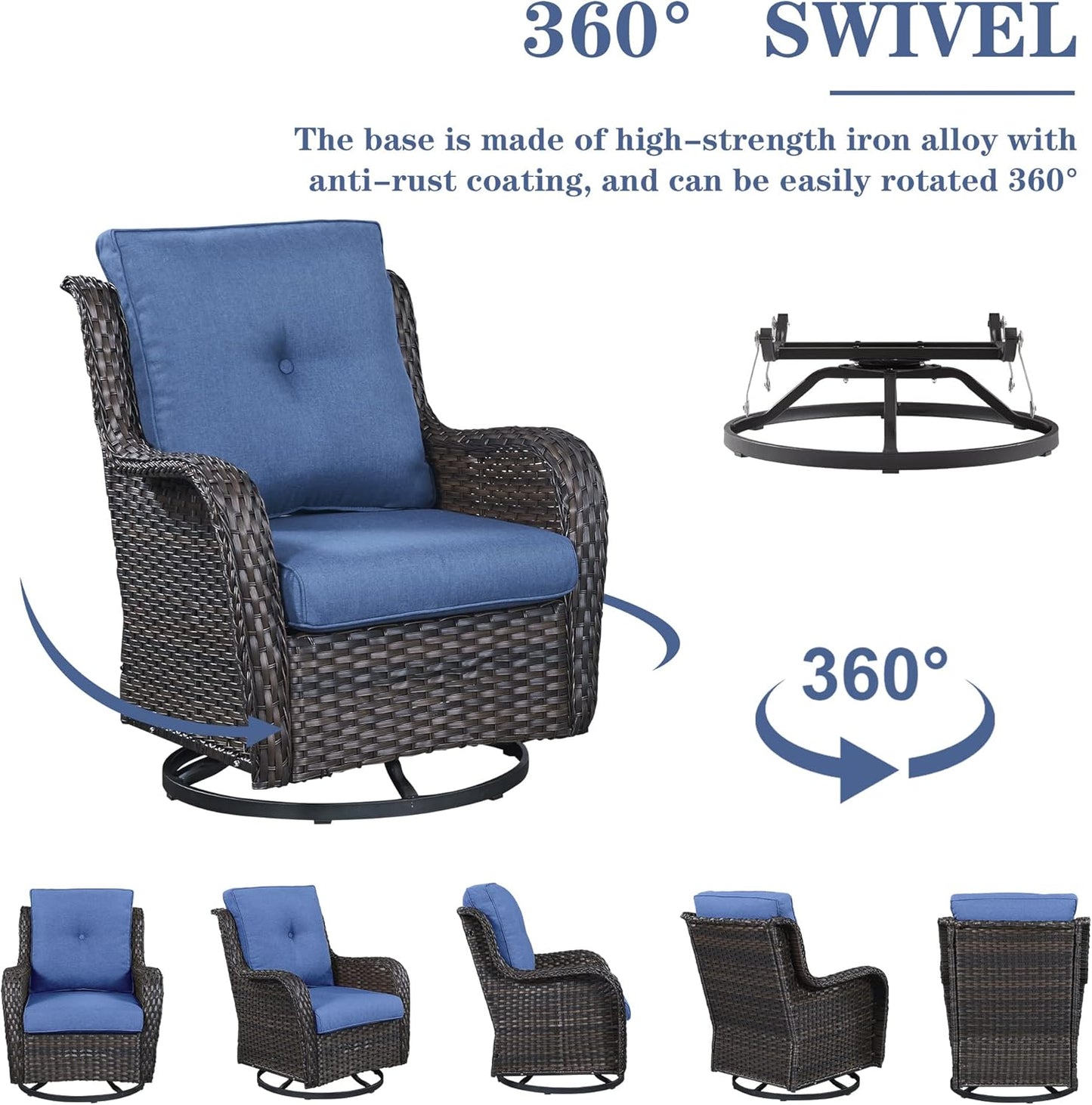 Outdoor Patio Furniture Set with 50000BTU Propane Fire Pit Table, 4 Pieces Wicker Patio Conversation Set with 2 Swivel Rocker Glider Chairs Rattan Sofa Blue Cushion Perfect for Gathering