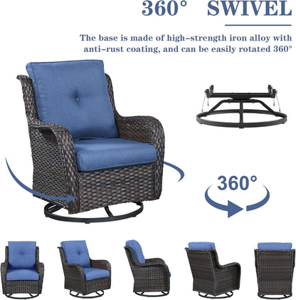 Outdoor Wicker Furniture Patio Set - 7 Piece Backyard Furniture Brown Rattan Conversation Sets with Swivel Rocker Chairs, Rattan Sofa, Club Chairs and Coffee Table, Blue Cushion