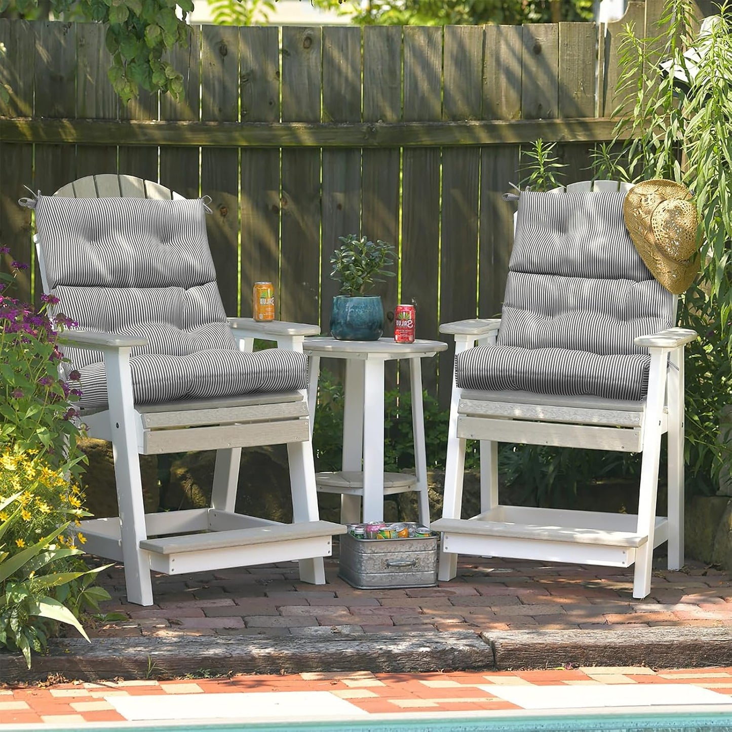 LVTXIII Outdoor 44x22-inch High Back Chair Cushions, Patio Solid Tufted Adirondack Chair Seat Cushions, Seasonal Replacement Rocking Chair Cushion with Ties, Set of 2, Strip Grey