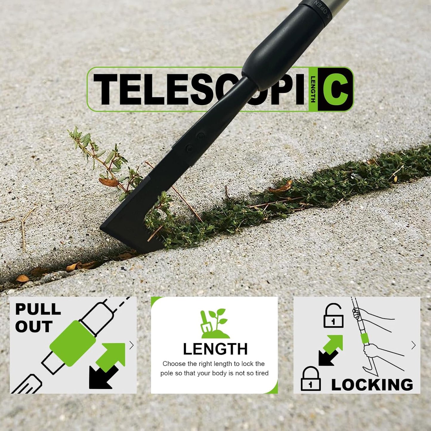 Adjustable Crack Weeder with 42.1IN Long Handle, L-Shaped Blade Serrated Edges for Digging Roots,Cutting Weeds,Removing Moss Between Driveway and Sidewalk Cracks