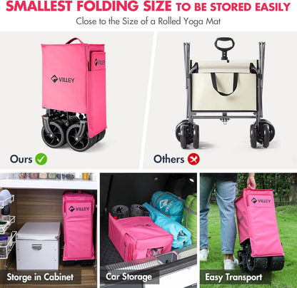 VILLEY Collapsible Folding Wagon with Big Wheels, Enlarged 225lbs Capacity, All Terrain Wagons Carts Heavy Duty Foldable, Portable Utility Garden Cart with 2 Cup Holders and Brake, Pink