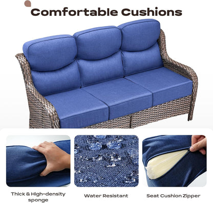 Wicker Outdoor Patio Furniture Set - 8 Piece Patio Conversation Sets with Swivel Rocker Chairs, Ottomans, Sofa and Coffee Table, 6 inch Cushions, Deep Seating, for Porch Deck Brown/Blue