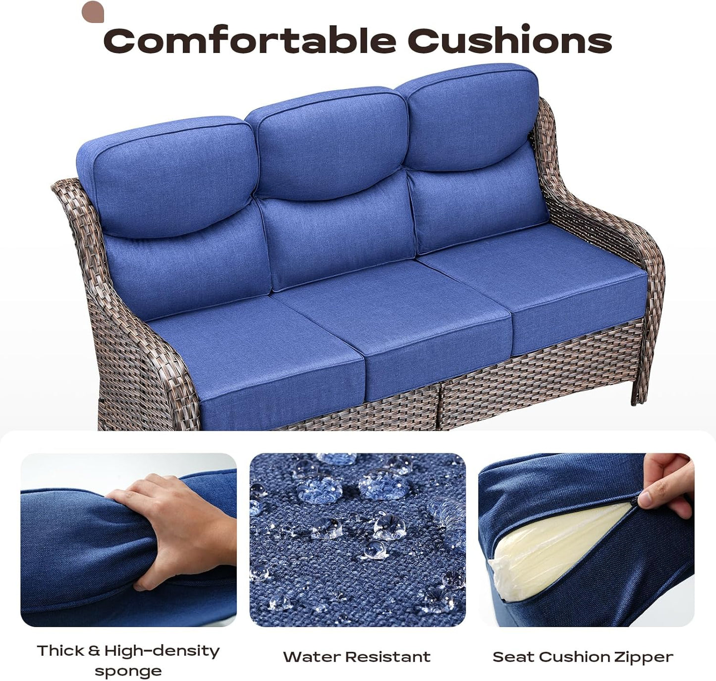 Wicker Outdoor Patio Furniture Set - 6 Piece Patio Conversation Sets with Swivel Rocker Chairs, Ottomans, Sofa and Side Table, 6 inch Cushions, Waterproof Wicker, for Porch Deck Brown/Blue