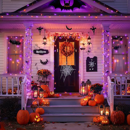 JMEXSUSS Orange and Purple Solar Halloween Lights, 2 Pack Total 400 LED Solar String Lights Outdoor Waterproof, 8 Modes Halloween Light for Outside Patio Yard Tree Decorations