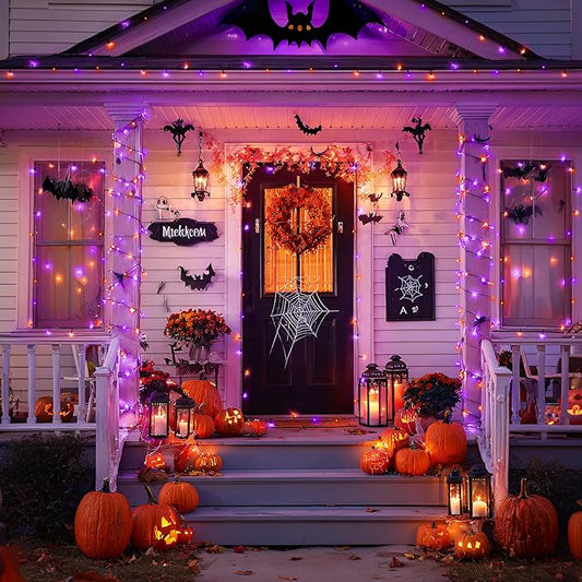 JMEXSUSS Orange and Purple Solar Halloween Lights, 2 Pack Total 400 LED Solar String Lights Outdoor Waterproof, 8 Modes Halloween Light for Outside Patio Yard Tree Decorations