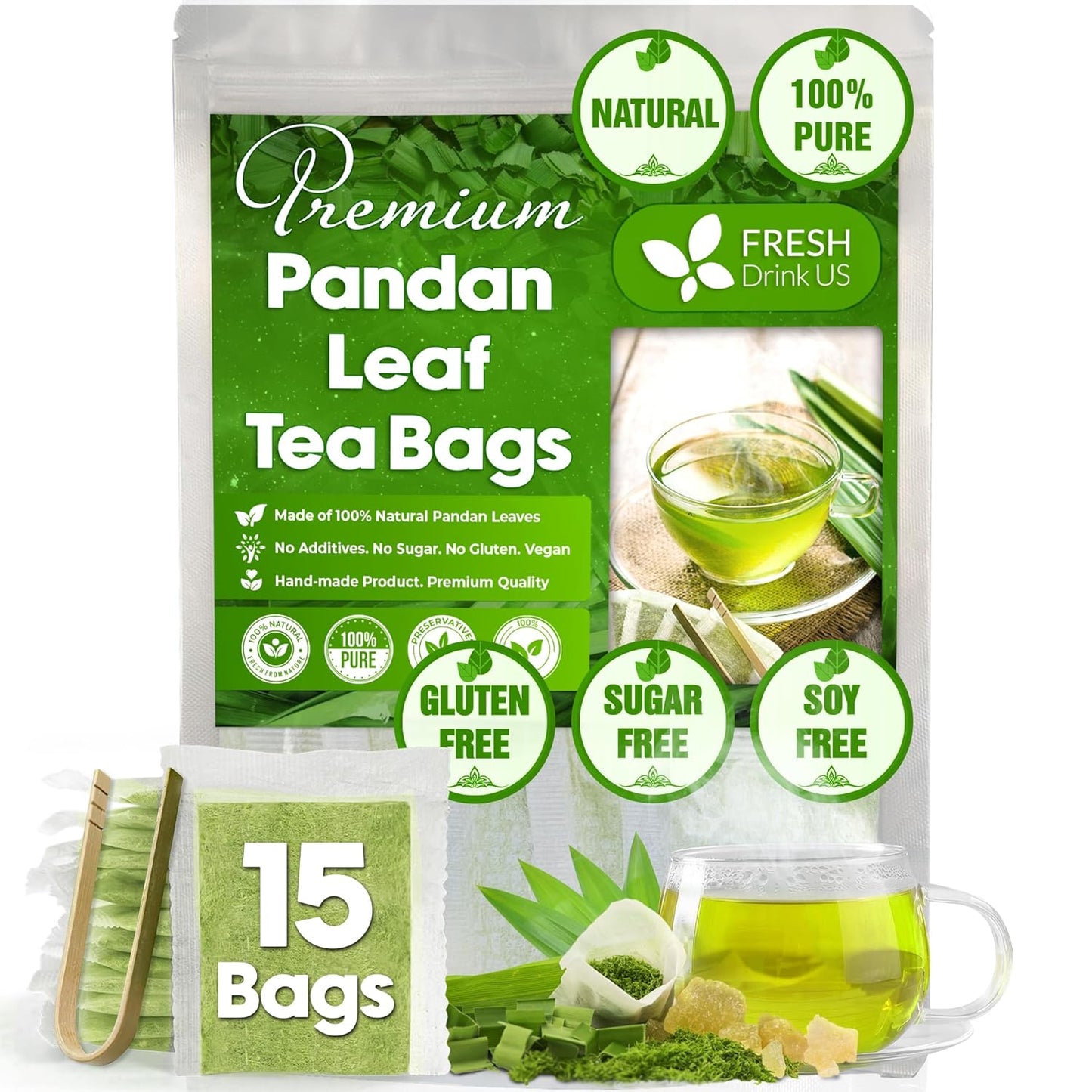 FreshDrinkUS, Premium 15 Pandan Leaf Tea Bags, 100% Natural & Pure from Pandan Leaves. Loose Leaf Pandan Herbal Tea. Made with Natural Material Tea Bags. No Sugar, No Caffeine, No Gluten, Vegan. (15 Tea bags)