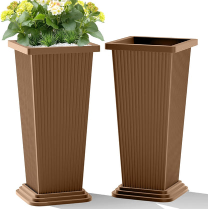 Set of 2 Tall Planters, 24" Large Indoor Outdoor Flower Pots with Tray, Modern Tapered Planters for Porch, Patio, Garden, Backyard