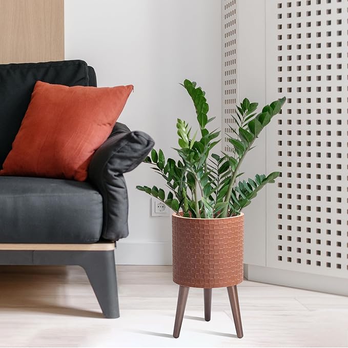 D'vine Dev 10 Inch Modern Geometric Tile Patterned Sleek Planter Pot with Stand, Indoor Outdoor Decorative Plant Holder, Terra Cotta, 88-Z-B-3