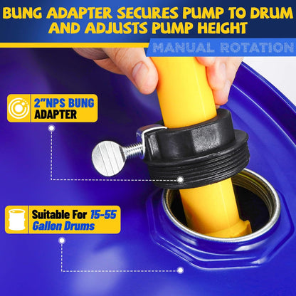 15-55 Gallon Drum Pump, 10 GPM Flow, Corrosion-resistant Chemical Liquid Pump, Hand-operated rotary barrel pump designed for rapid transfer of water, fuel, corrosive liquids and more