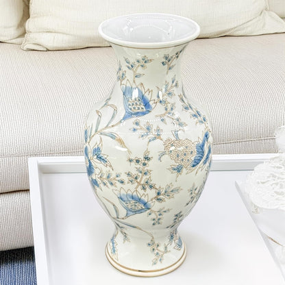 Galt International White & Blue Floral Chinoiserie Ceramic Vase 14" - Hand Painted Antique Style Porcelain Flower Bottle Fishtail Porcelain Chinese Vase for Home Decor Centerpiece