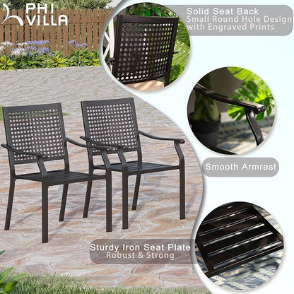 PHI VILLA 3 Piece Outdoor Patio Bistro Dining Set, Slatted Metal Round Table & 2 Stacking Iron Chairs, Outdoor Furniture Set for Porch, Deck, Balcony