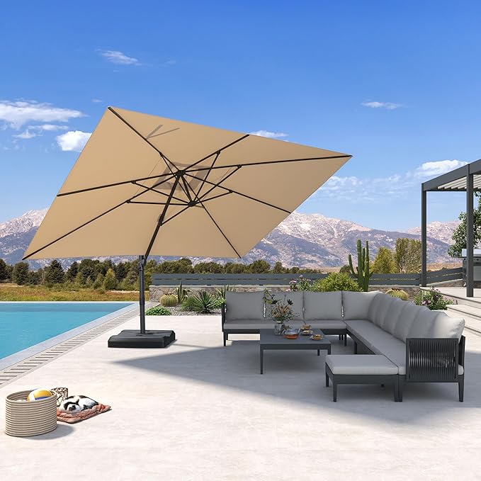 PURPLE LEAF 10' × 13' Patio Cantilever Umbrella Outdoor Rectangle Adjustable Offset Umbrellas with 360-degree Rotation and 8 Heavy Duty Metal Ribs for Garden Deck Pool Beige